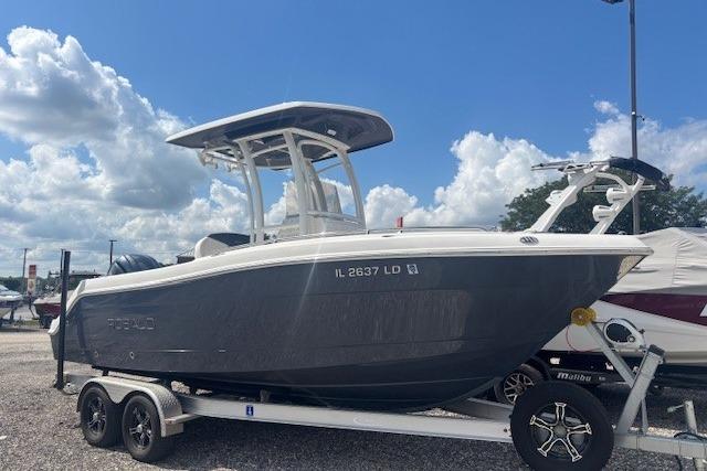 Robalo R222 Explorer 2022 Robalo R222 Explorer boat on trailer under a cloudy sky.
