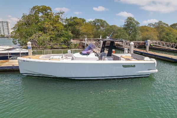 Fjord 36 Xpress 2018 Fjord 36 Xpress boat docked in a serene marina setting.