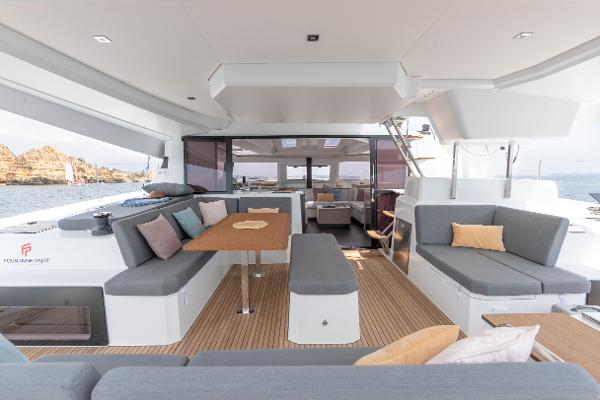 Fountaine Pajot Elba 45 2024 Fountaine Pajot Elba 45 yacht interior with spacious seating and dining area.