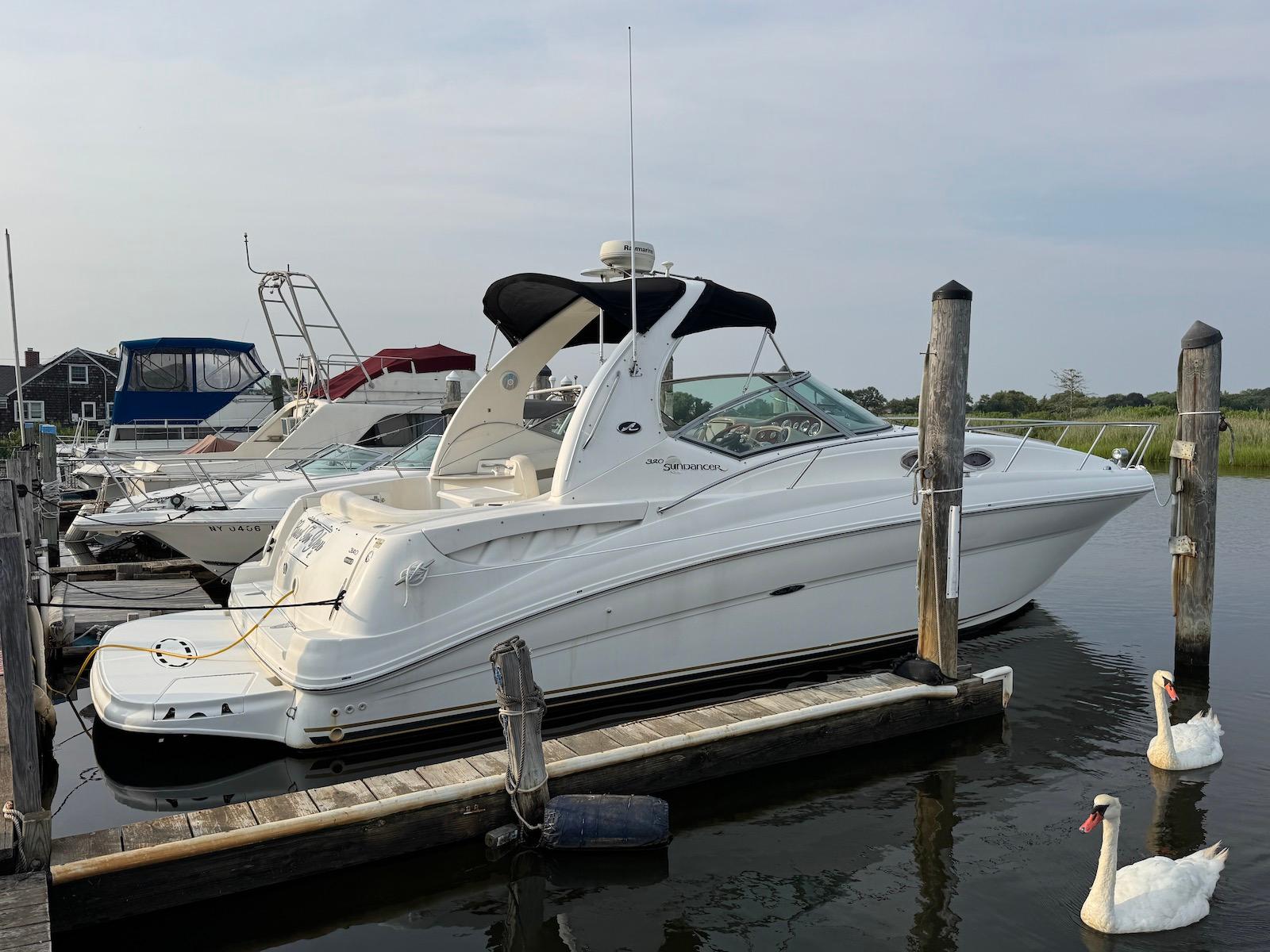 Sea Ray 320 Sundancer 2003 Sea Ray 320 Sundancer docked with swans nearby, showcasing sleek design and elegance.