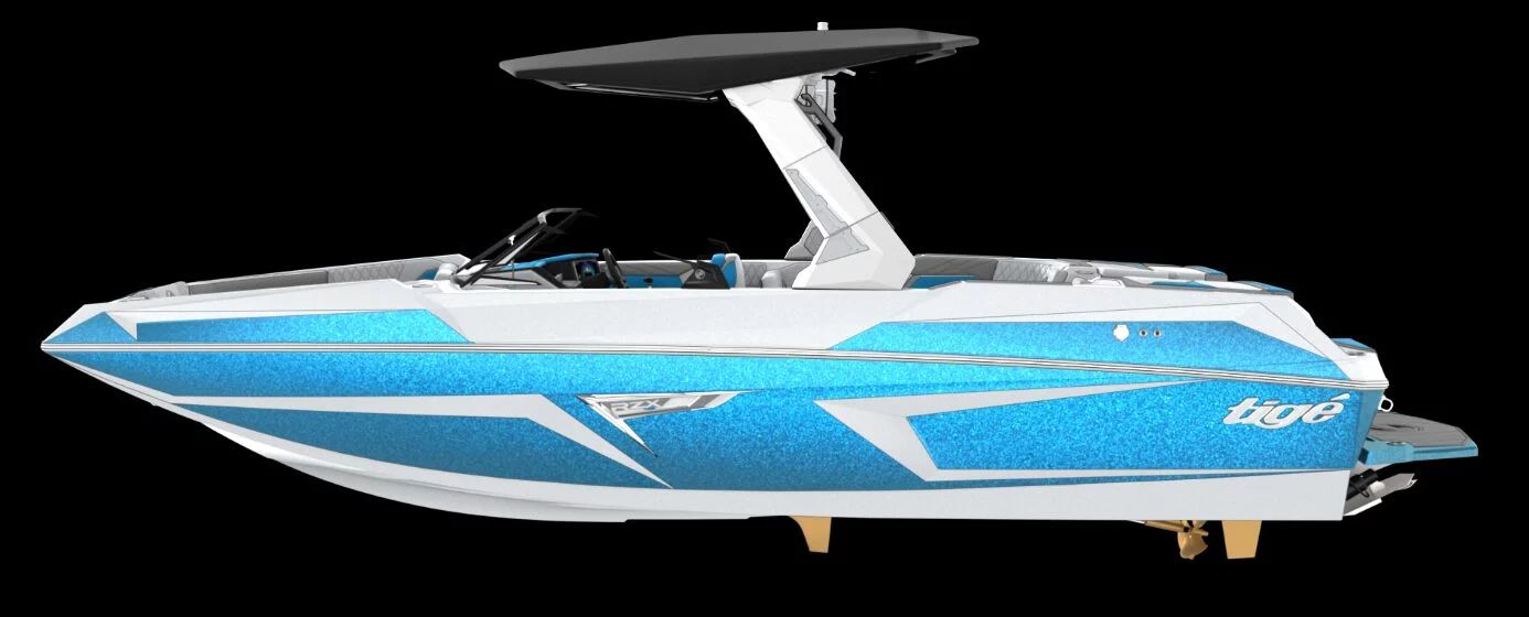 Tigé 24RZX 2026 Tigé 24RZX boat, sleek blue and white design, side view on black background.