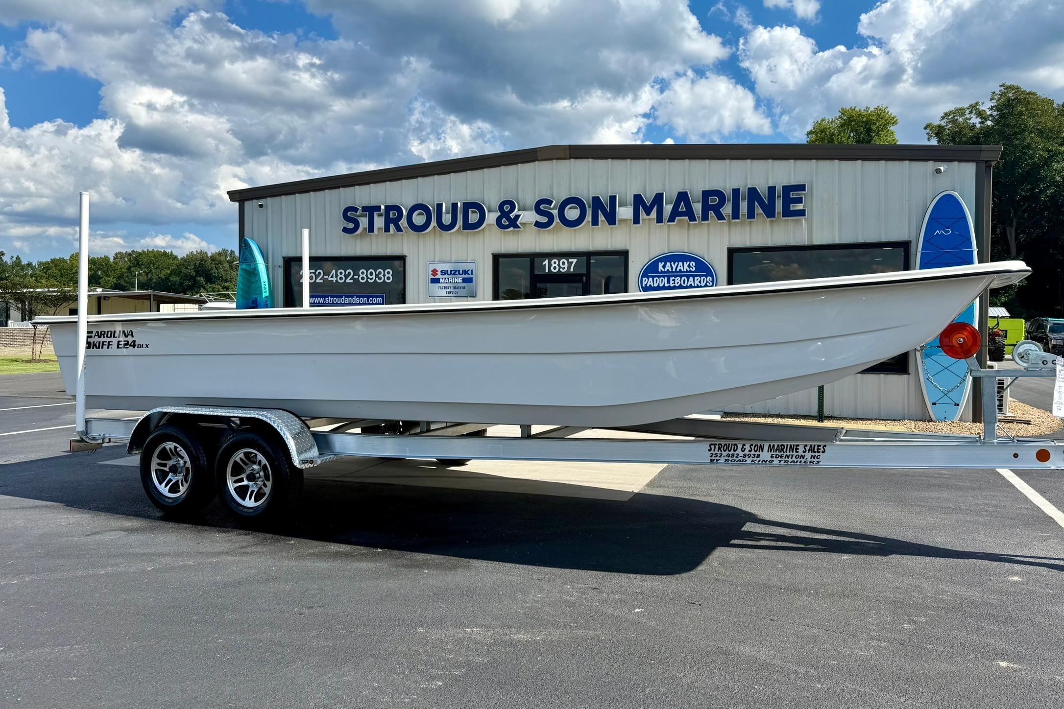 Carolina Skiff E24 DLX CC 2026 Carolina Skiff E24 DLX Kit Boat on trailer at Stroud & Son Marine.