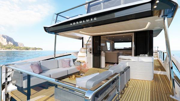Absolute 62' Navetta Luxurious 2026 Absolute 62' Navetta yacht with elegant outdoor seating and ocean view.