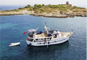 Southern Marine Trawler Displacement 1975 Southern Marine Trawler Displacement anchored near a scenic island.