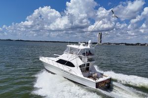 Riviera 47 Open Flybridge 2005 Riviera 47 Open Flybridge yacht cruising on a sunny day with seagulls overhead.