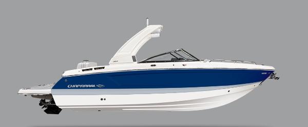 Chaparral 267 SSX 2025 Chaparral 267 SSX boat, blue and white, side view on gray background.