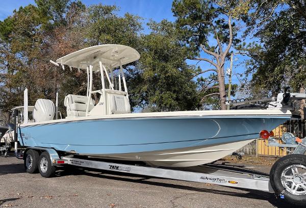 Pathfinder 2500 Hybrid 2024 Pathfinder 2500 Hybrid boat on trailer, blue hull, parked outdoors.