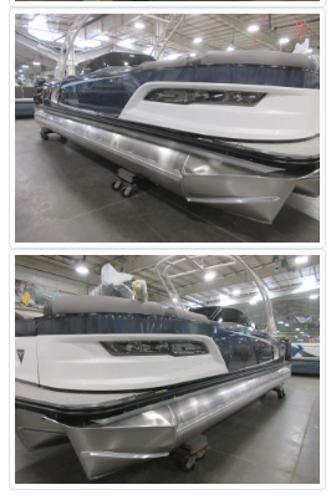 Avalon Excalibur LTD Quad Lounge Windshield 2024 Avalon Excalibur LTD Quad Lounge Windshield pontoon boat in showroom.