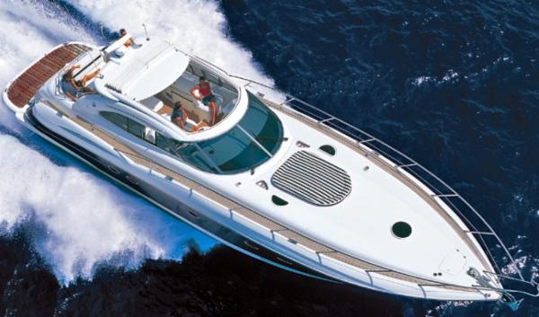 Sunseeker Predator 56 2001 Sunseeker Predator 56 yacht cruising on open water, aerial view.