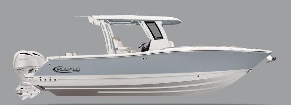 Robalo R300 Center Console 2025 Robalo R300 Center Console boat, side view, sleek design, dual engines.