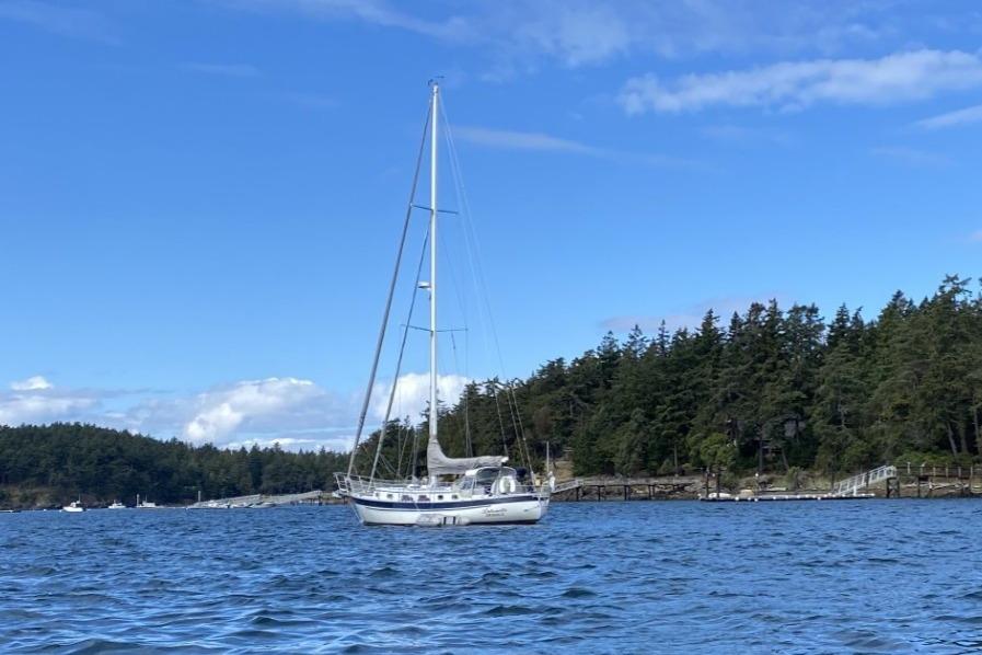Valiant 42 Sailboat Valiant 42 (2002) on water, forested shoreline, blue sky background.
