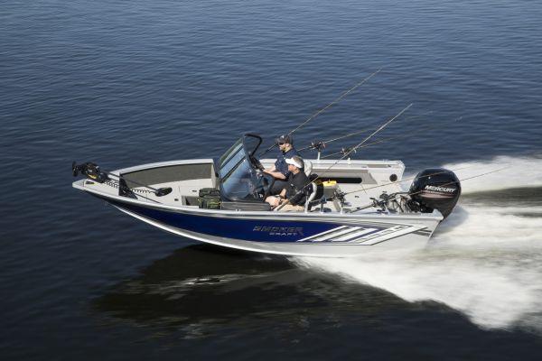 Smoker Craft Ultima 182 2025 Smoker Craft Ultima 182 boat speeding on water, featuring fishing rods and Mercury engine.