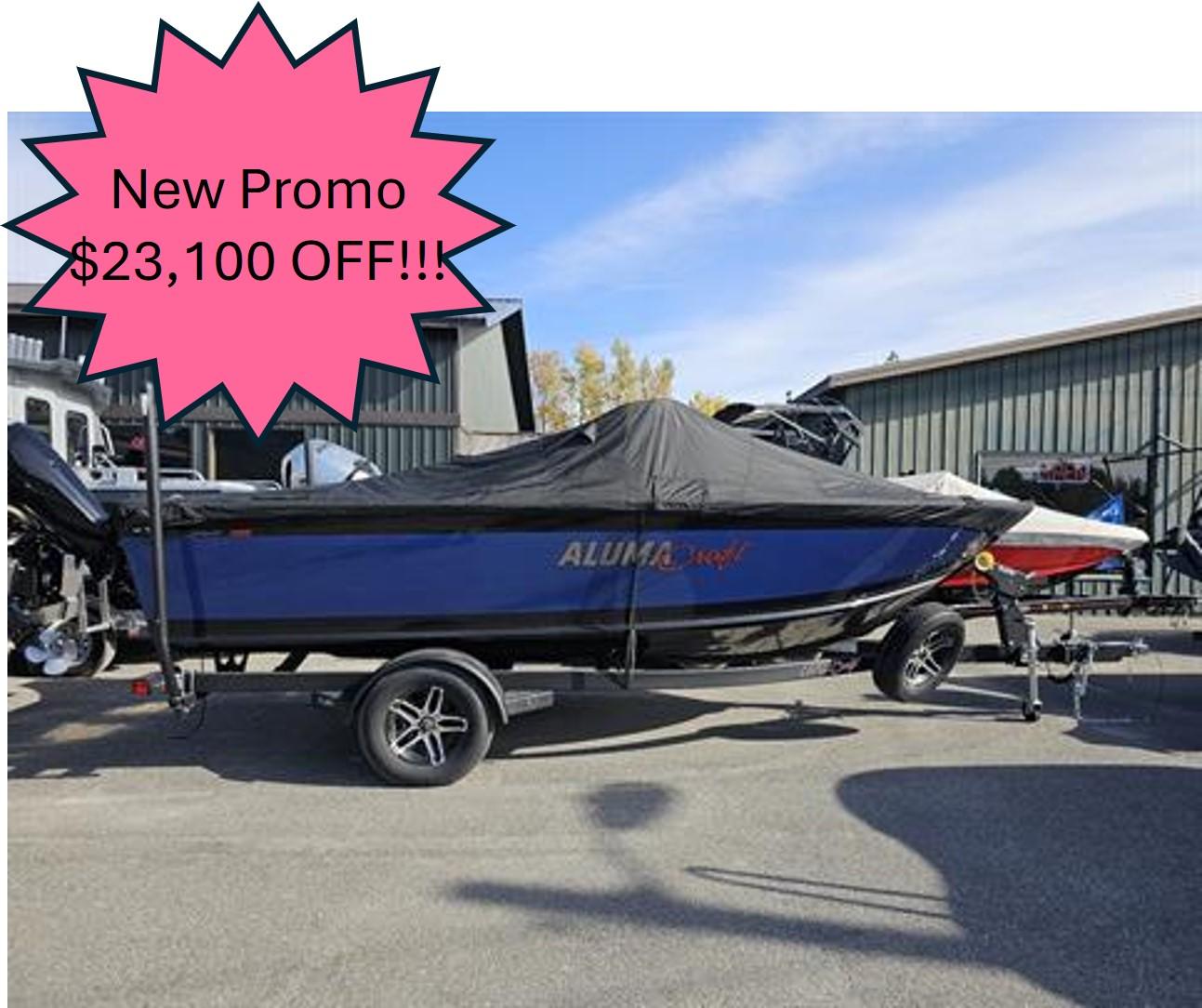 Alumacraft Trophy 185 2023 Alumacraft Trophy 185 boat with cover, promotional discount of $23,100 displayed.