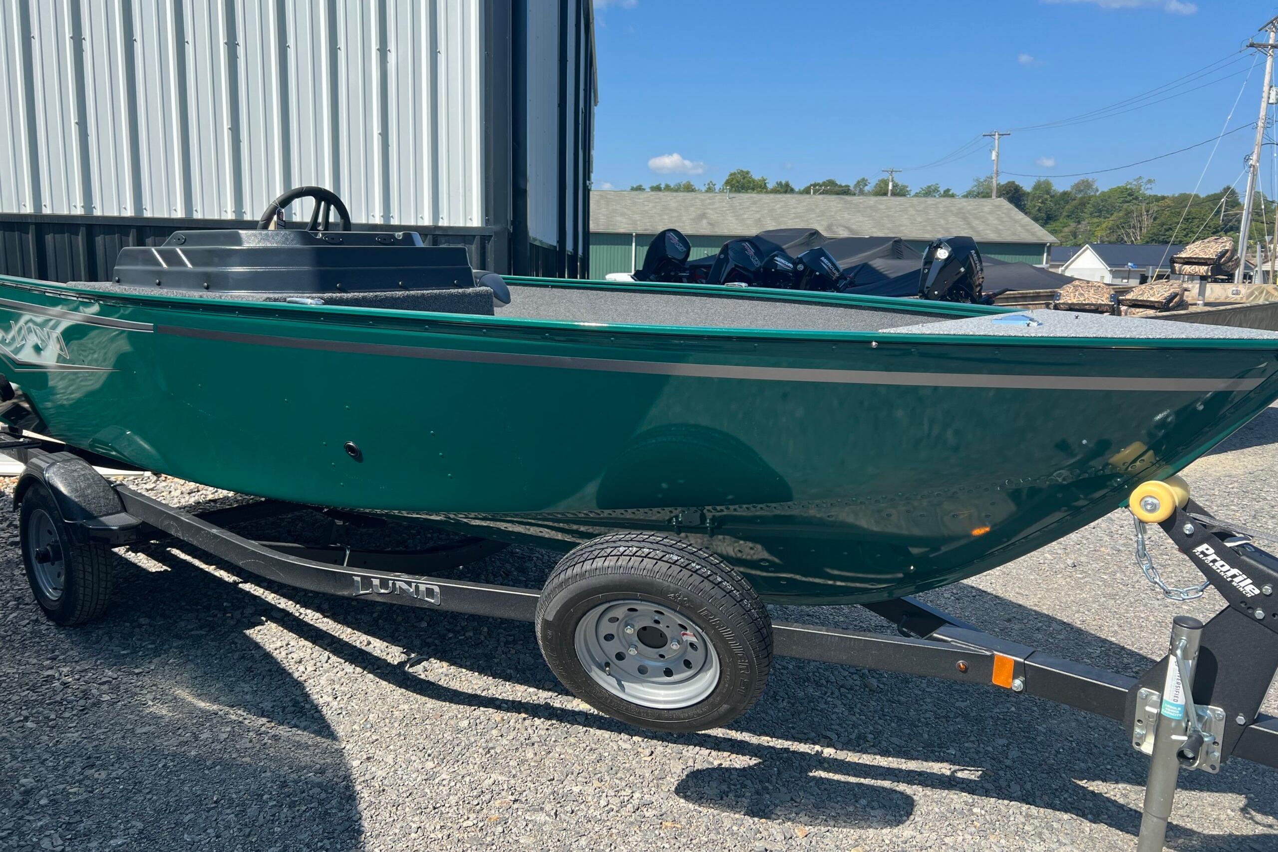 Lund 1650 Angler SS 2026 Lund 1650 Angler SS boat on trailer, green exterior, parked outdoors.