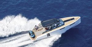 Evo Yachts 43 Evo Yachts 43 (2017) cruising on open water, aerial view.