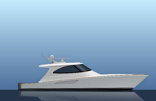 Viking 64 Sport Coupe 2026 Viking 64 Sport Coupe yacht on calm water, side view.