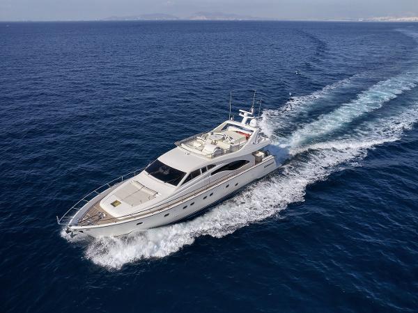 Ferretti Yachts 68 Luxury Ferretti Yachts 68 cruising on open sea, 2001 model.