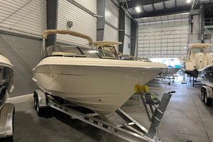 Scout 215 Dorado 2025 Scout 215 Dorado boat on trailer in indoor storage facility.