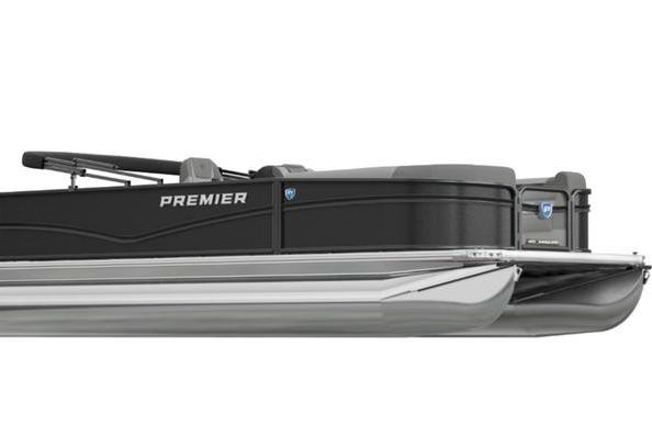 Premier 220 Sunscape RF 2026 Premier 220 Sunscape RF pontoon boat, sleek black design, side view.