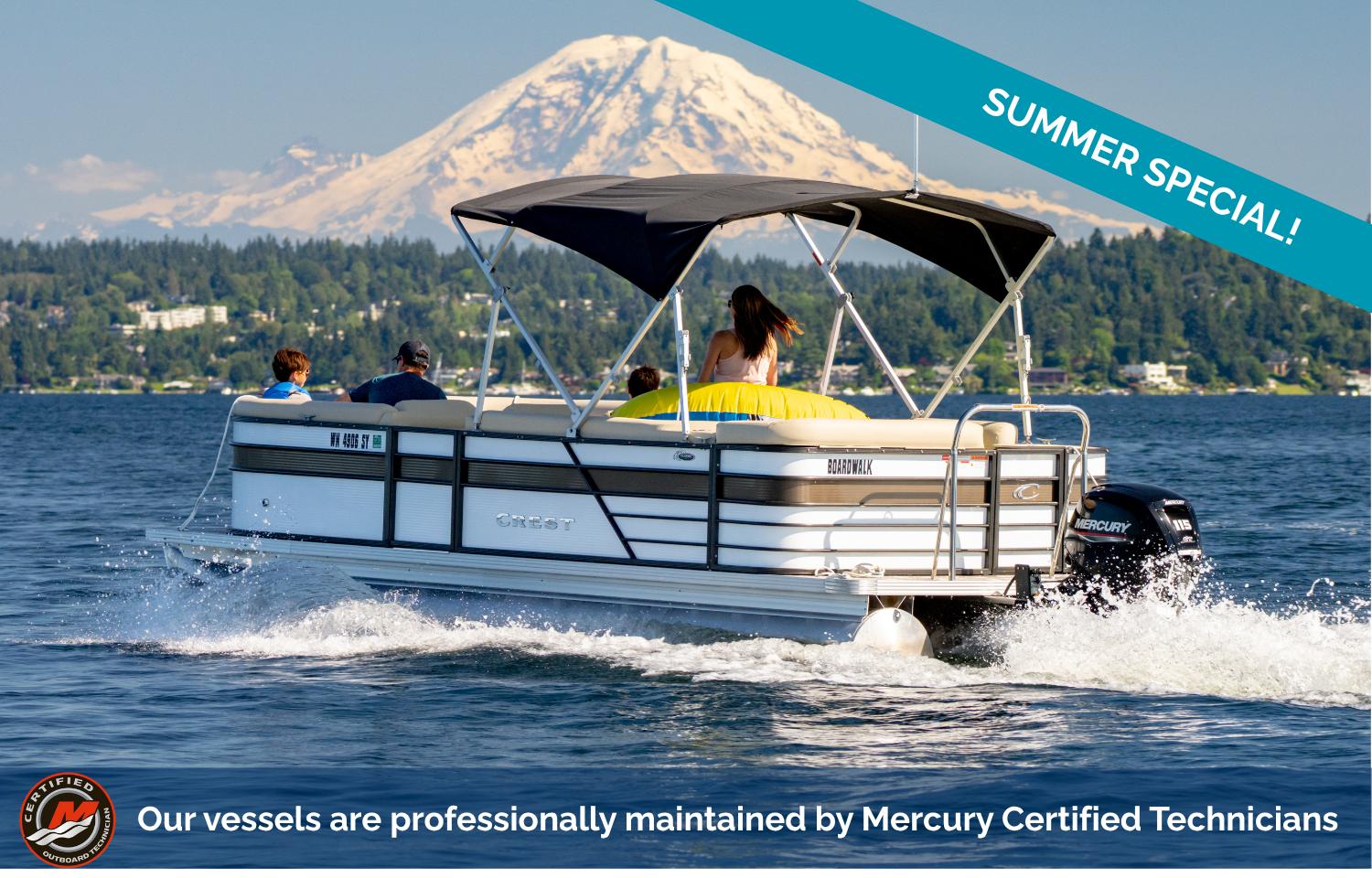 Crest Classic 220 DLX 2021 Crest Classic 220 DLX pontoon boat on lake, summer special offer, mountain backdrop.