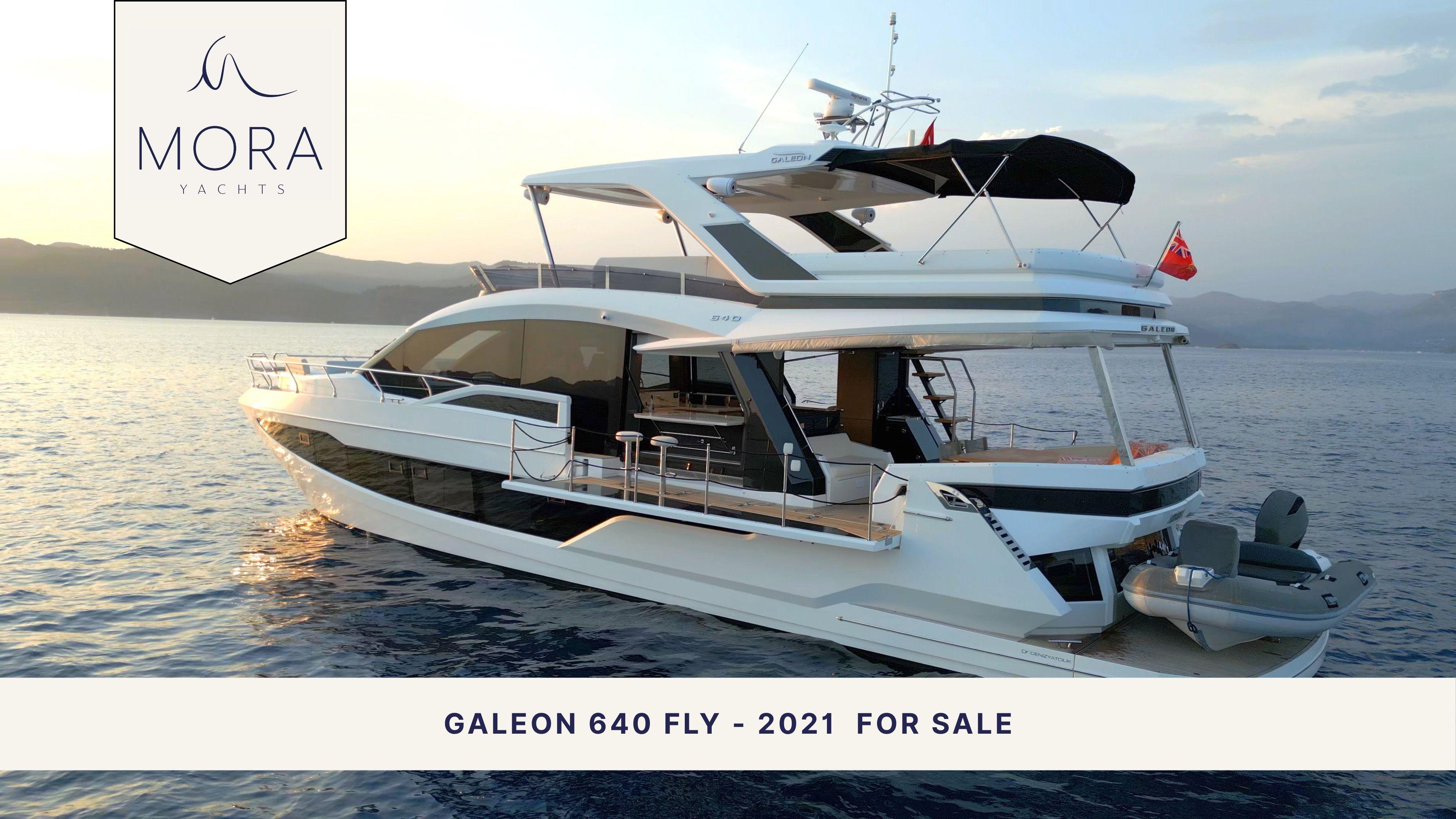 Galeon 640 Fly Luxury 2021 Galeon 640 Fly yacht on serene water, available for sale.