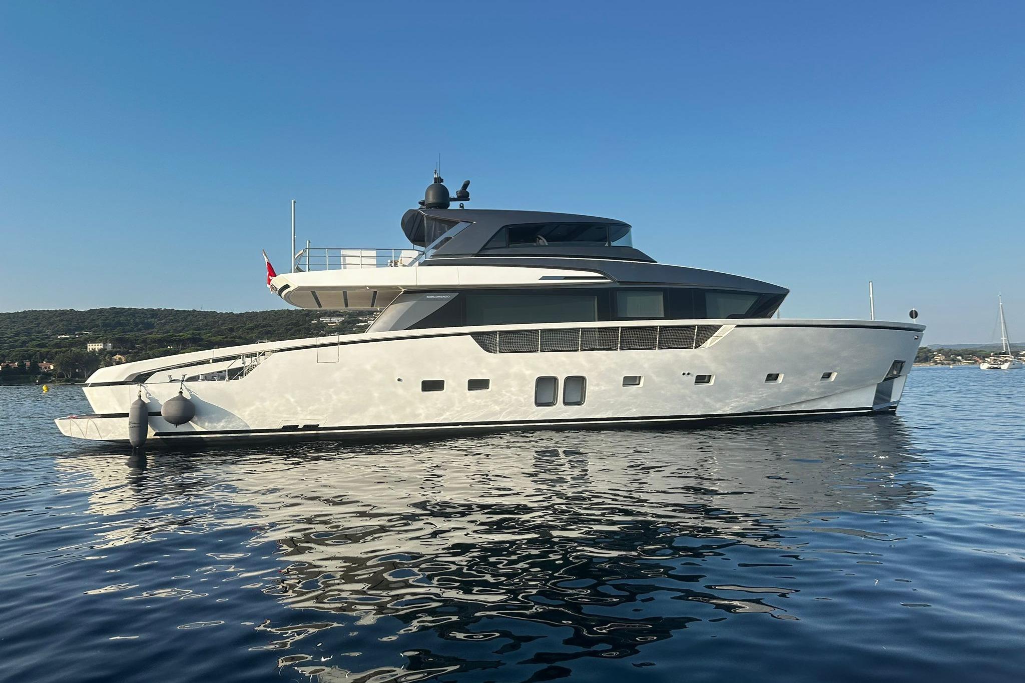 Sanlorenzo SX88 Luxury 2018 Sanlorenzo SX88 yacht on calm water, clear sky background.