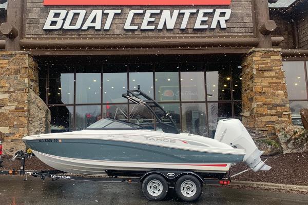 Tahoe 210S 2023 Tahoe 210S boat on trailer outside Boat Center.