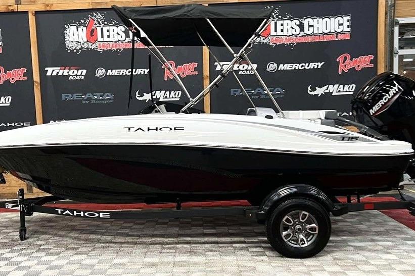 Tahoe T16 2026 Tahoe T16 boat displayed at Anglers Choice event with Mercury engine.