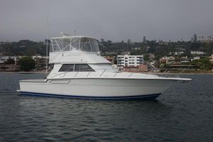 Tiara Yachts 4300 Convertible 1990 Tiara Yachts 4300 Convertible on water, coastal background.