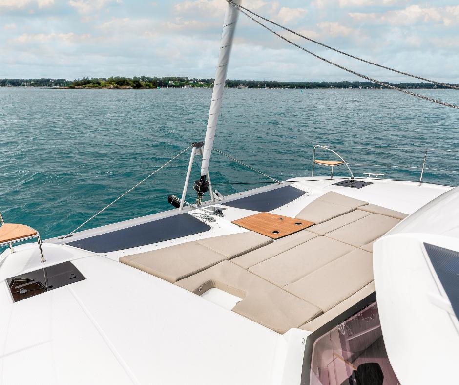 Fountaine Pajot NEW 41 Luxurious deck of 2025 Fountaine Pajot NEW 41 catamaran on serene waters.