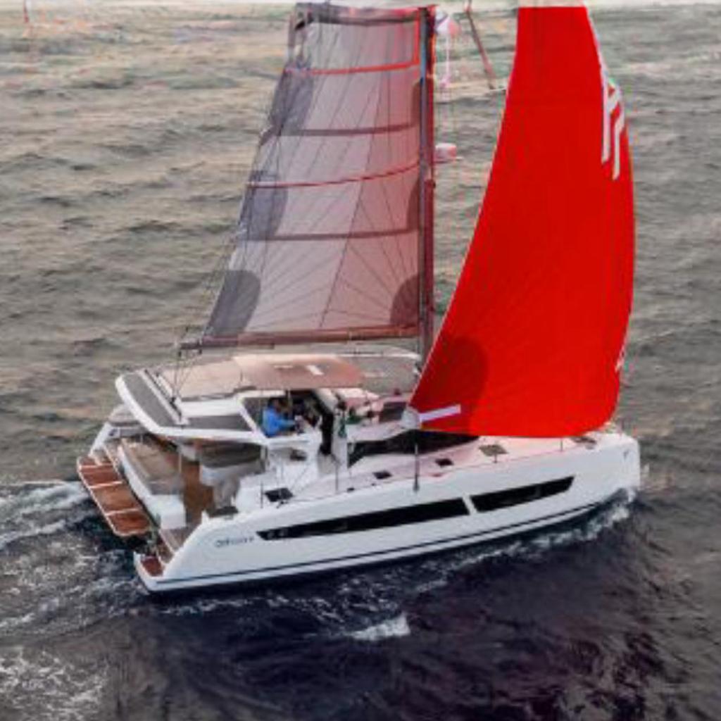 Fountaine Pajot NEW 41 2025 Fountaine Pajot NEW 41 catamaran sailing at sunset with vibrant red sails.