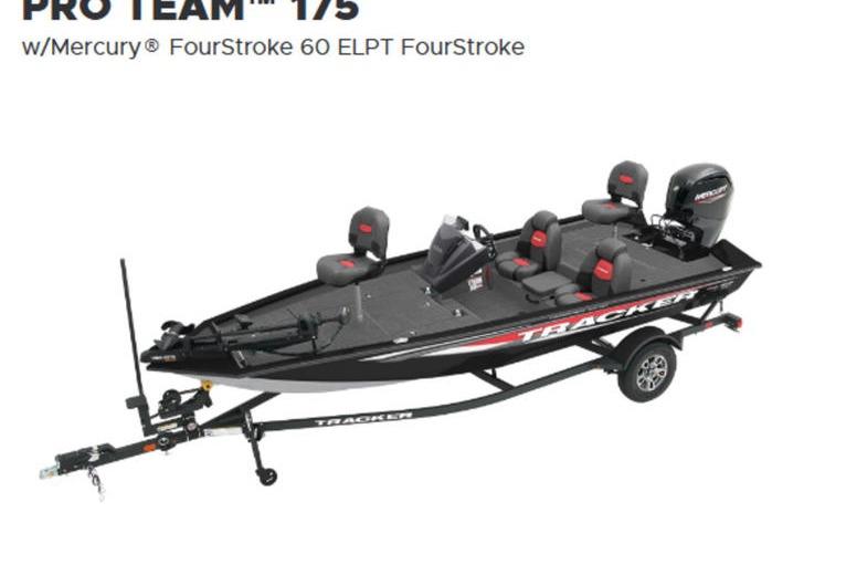 Tracker Pro Team 175 2026 Tracker Pro Team 175 boat with Mercury FourStroke 60 ELPT engine on trailer.
