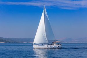 Elan Impression 45 Sailing yacht Elan Impression 45, 2018 model, gliding on calm blue waters.