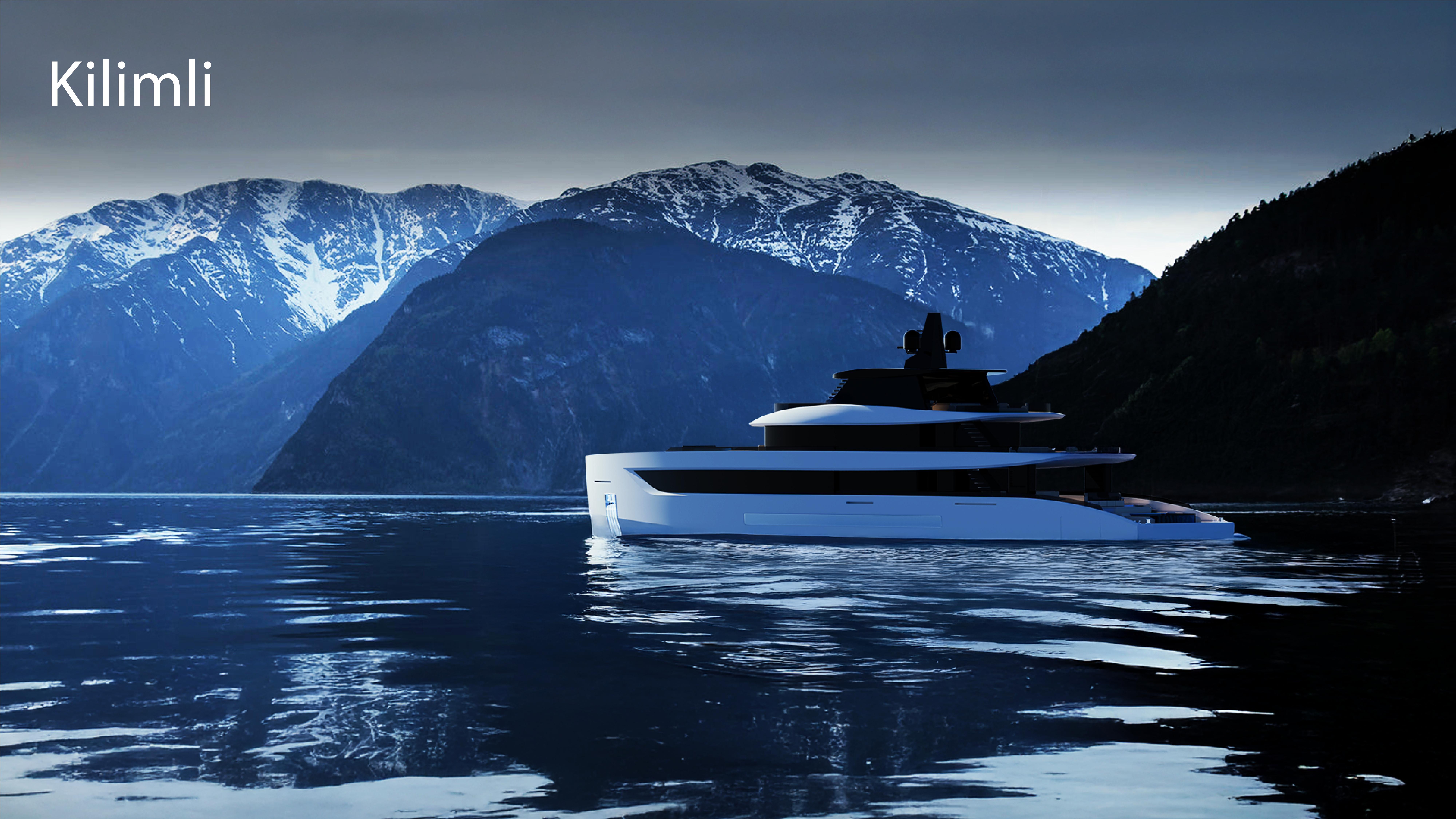 Custom Kilimli 150; Parlar Luxurious Custom 150 yacht sailing against stunning mountainous backdrop, 2027 model.