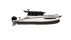 Navan C30 2026 Navan C30 boat, side view, white and black design, modern cabin cruiser.