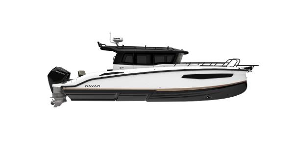 Navan C30 2026 Navan C30 boat, side view, white and black design, modern cabin cruiser.