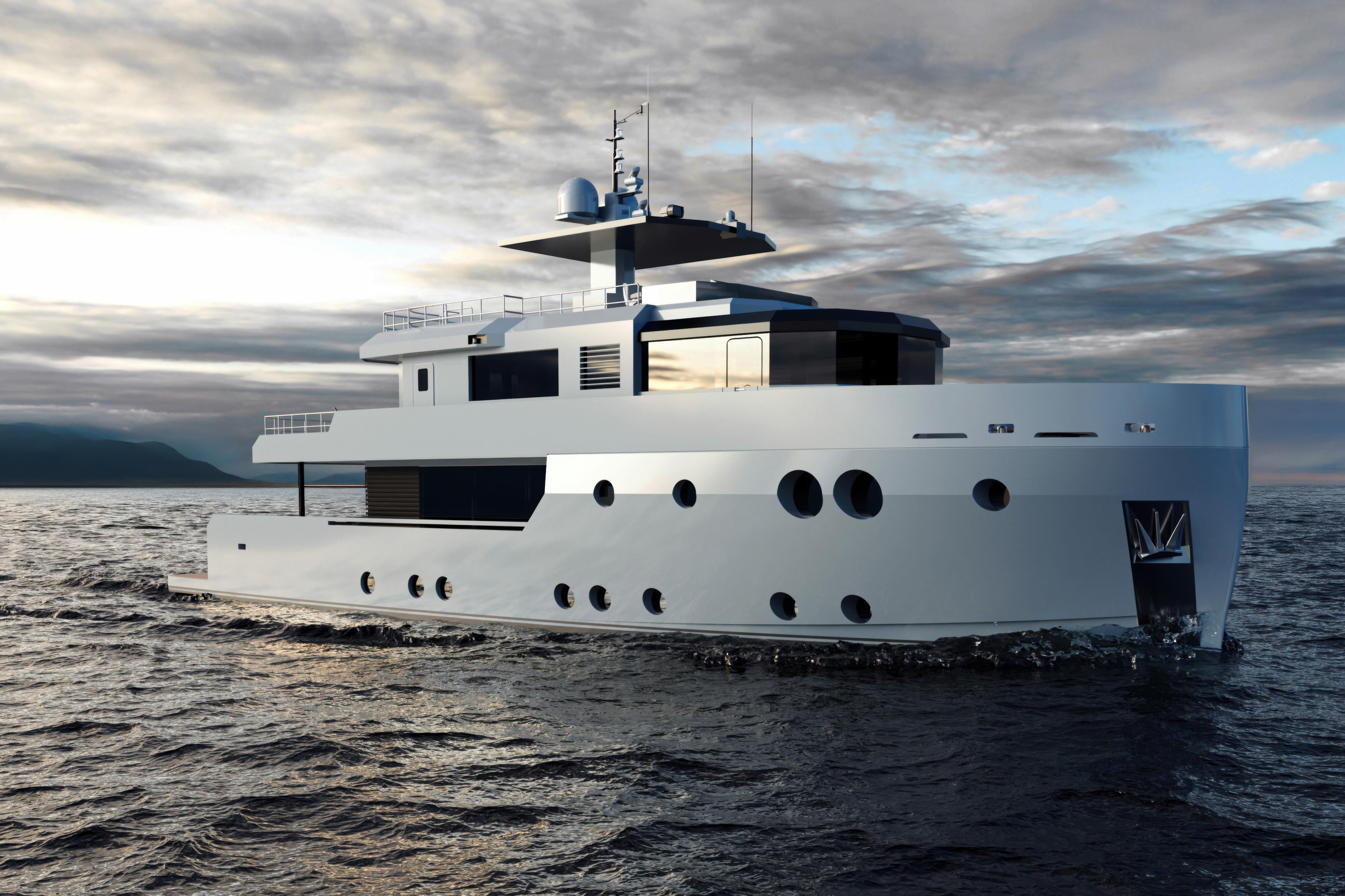 Custom 2027 Modern 2027 yacht by Tufan and Brothers Yachting Co on open sea at sunset.