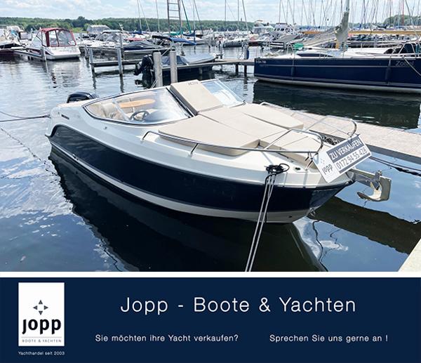 Quicksilver Activ 595 Cruiser 2015 Quicksilver Active 595 Cruiser docked at marina, Jopp Boote & Yachten branding.