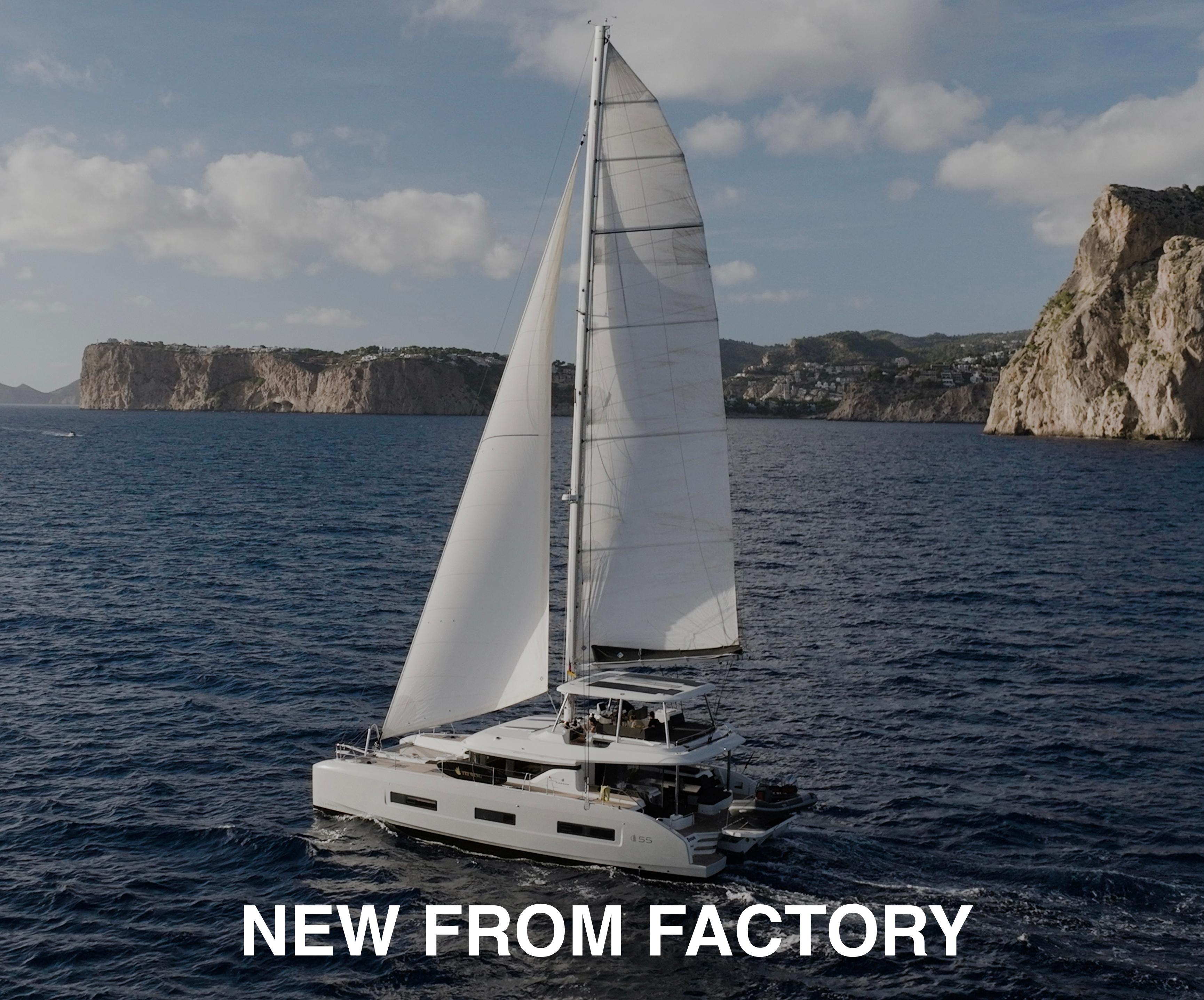 Lagoon 55 2025 Lagoon 55 sailing in scenic coastal waters, new from factory.