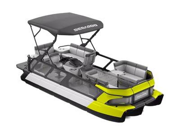 Sea-Doo Sport Boats Switch® Cruise 21 - 170 hp 2024 Sea-Doo Switch® Cruise 21 - 170 hp pontoon boat with canopy and seating.