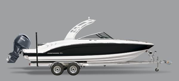 Chaparral 23 SSi OB 2025 Chaparral 23 SSi OB boat on trailer, sleek black and white design.