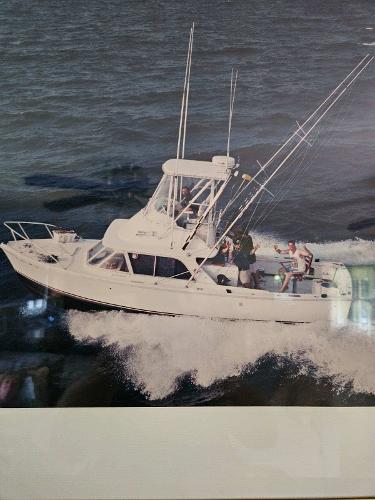 Bertram 31 Flybridge Cruiser 1973 Bertram 31 Flybridge Cruiser navigating ocean waters, showcasing classic design and fishing capabilities.