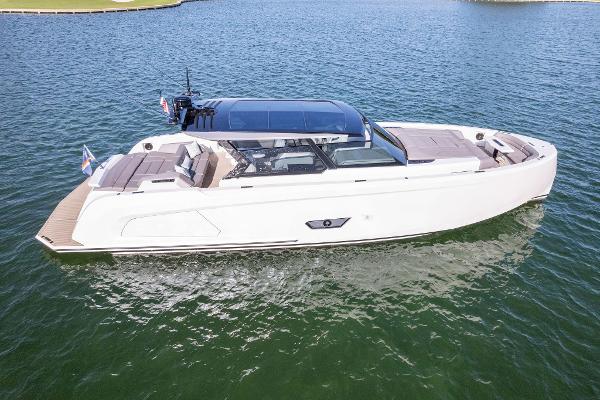 Vanquish Yachts VQ58 2022 Vanquish Yachts VQ58 luxury yacht on calm water, side view.
