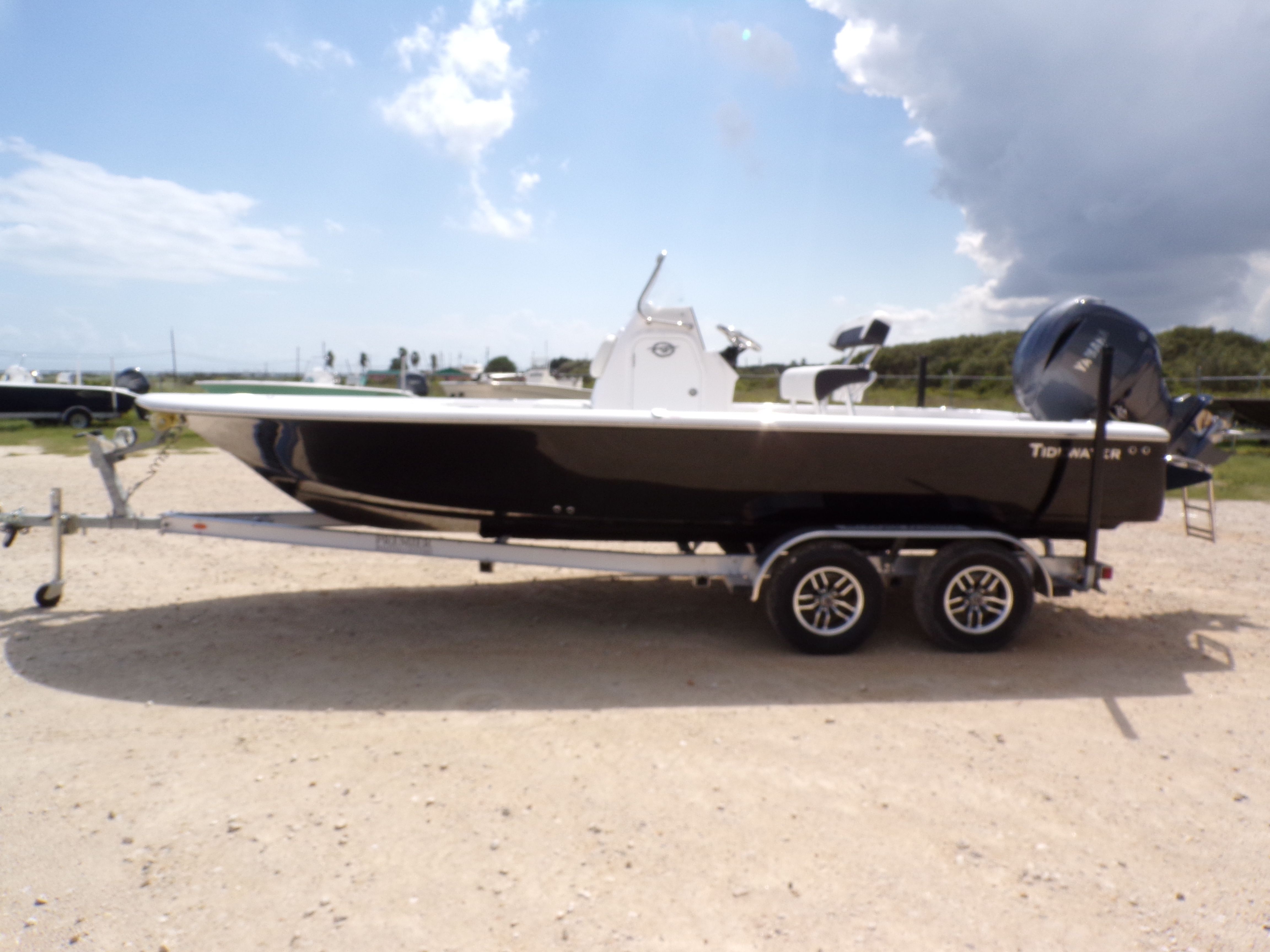 Tidewater 2110 Bay Max 2026 Tidewater 2110 Bay Max boat on trailer under cloudy sky.
