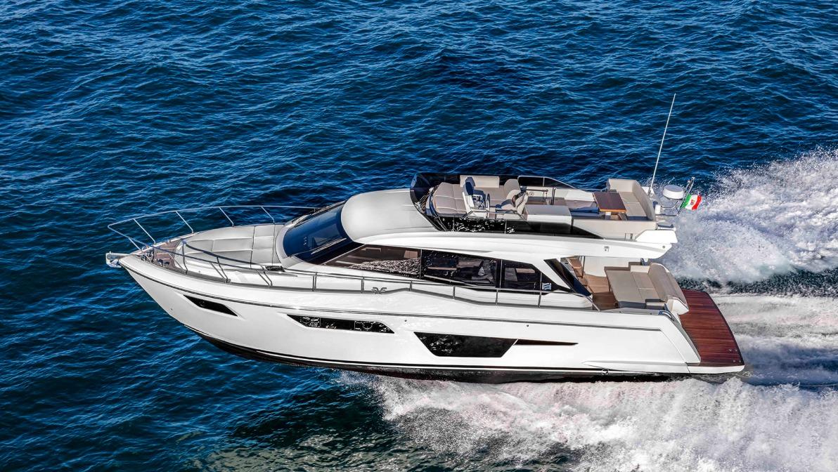 Ferretti Yachts 500 2021 Ferretti Yachts 500 cruising on open water, showcasing sleek design and luxury features.