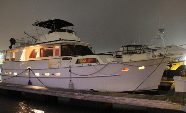 Hatteras 50 Motor Yacht 1965 Hatteras 50 Motor Yacht docked at night.
