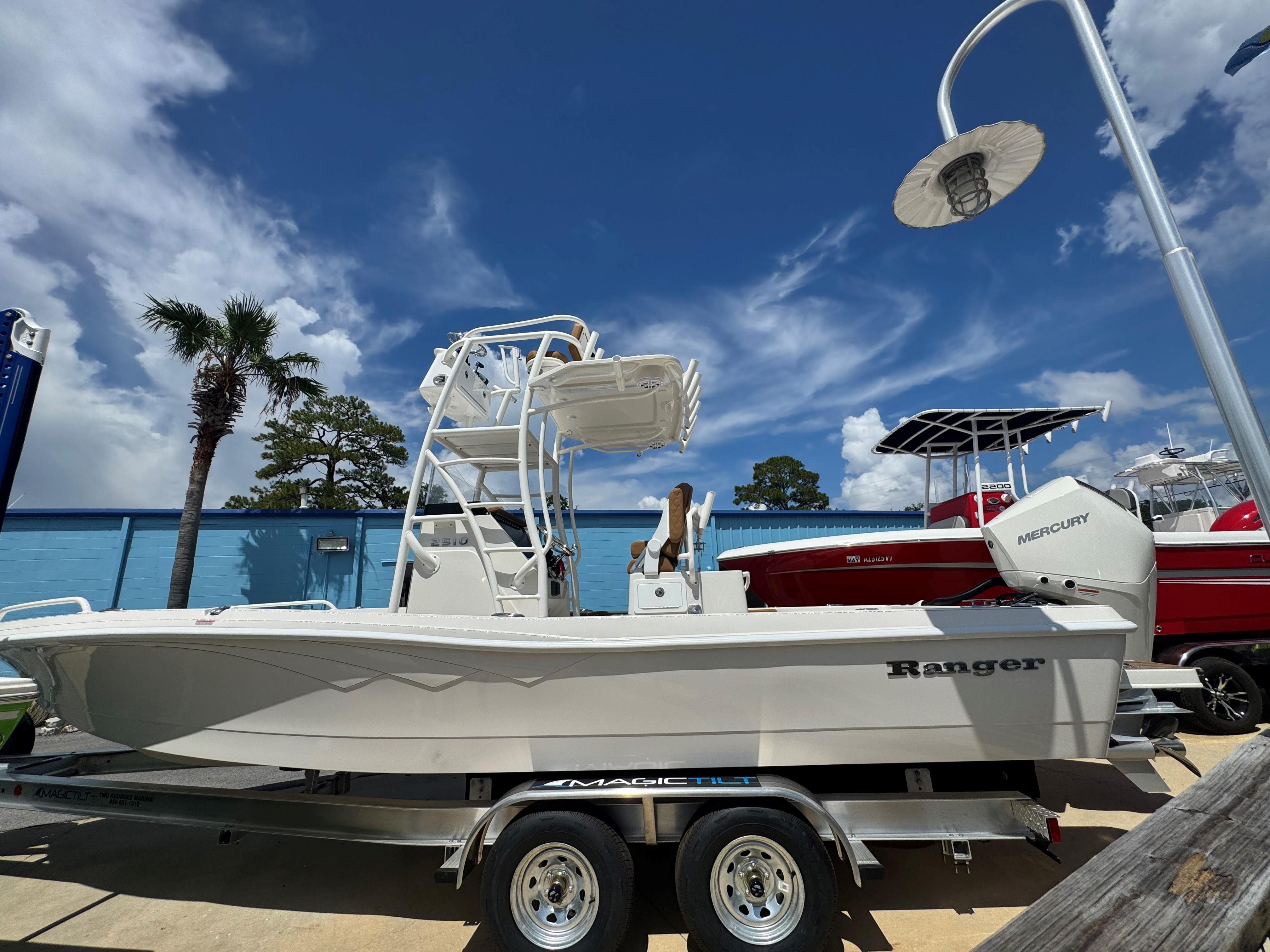 Ranger 2510 Bay 2025 Ranger 2510 Bay boat on trailer under blue sky.