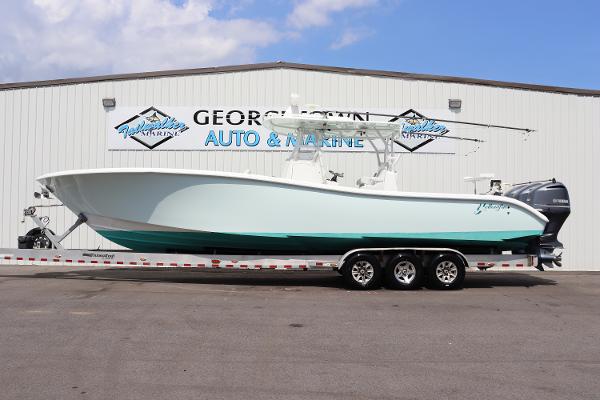 Yellowfin 36 Offshore 2018 Yellowfin 36 Offshore boat on trailer at dealership.