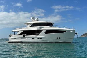 Horizon FD80 Luxurious 2021 Horizon FD80 yacht on serene blue waters under a clear sky.