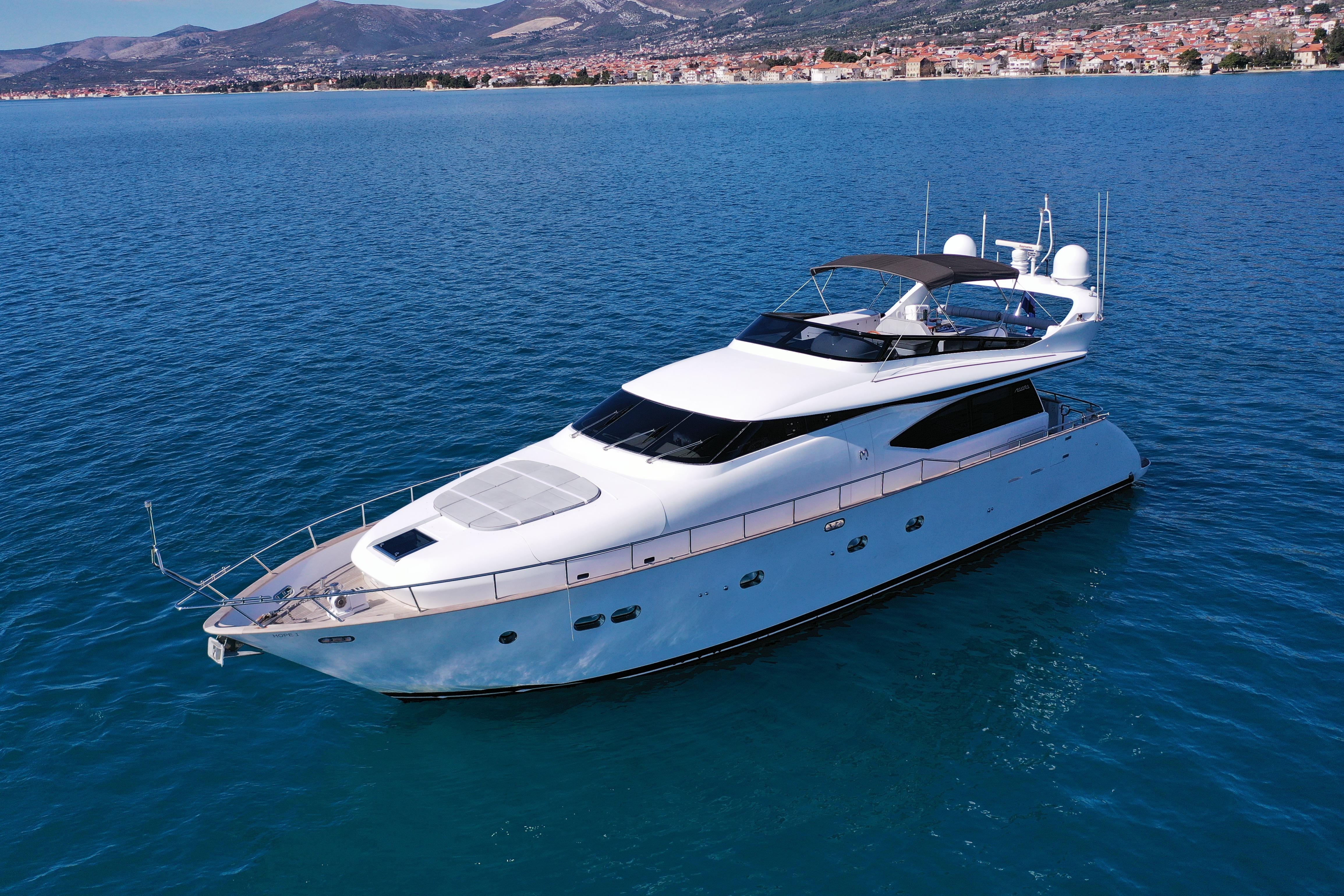 Maiora 20S Luxury 2008 Maiora 20S yacht cruising on serene blue waters near a coastal town.